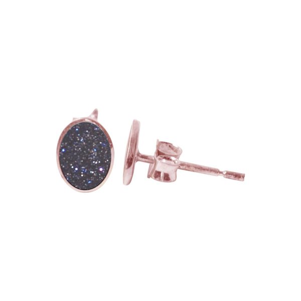 Rose Gold Blue Goldstone Oval Stud Earrings