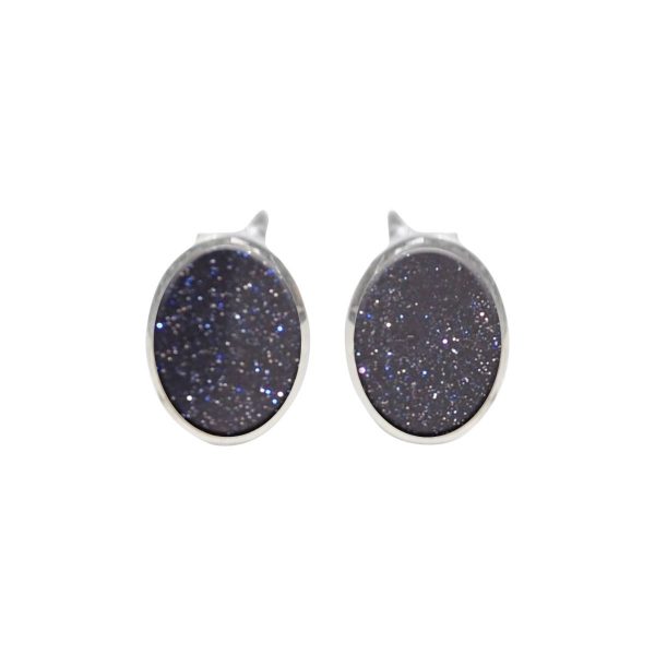 Silver Blue Goldstone Oval Stud Earrings