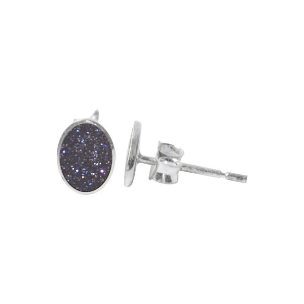 Silver Blue Goldstone Oval Stud Earrings