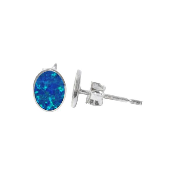 Silver Opalite Cobalt Blue Oval Stud Earrings