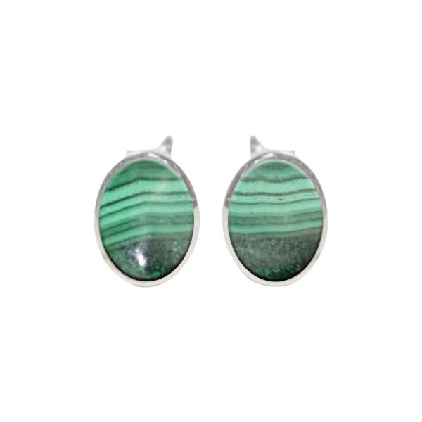 Silver Malachite Oval Stud Earrings