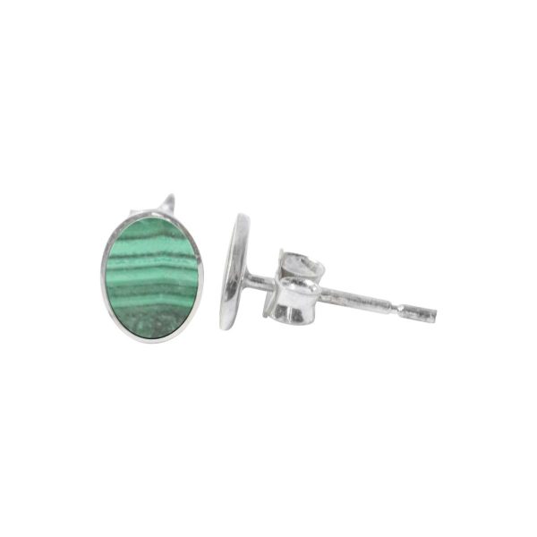 Silver Malachite Oval Stud Earrings