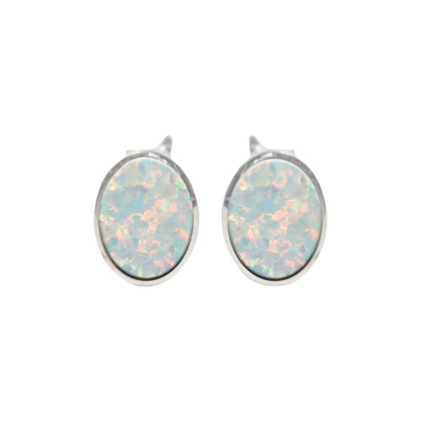 Silver Opalite Sun Ice Oval Stud Earrings