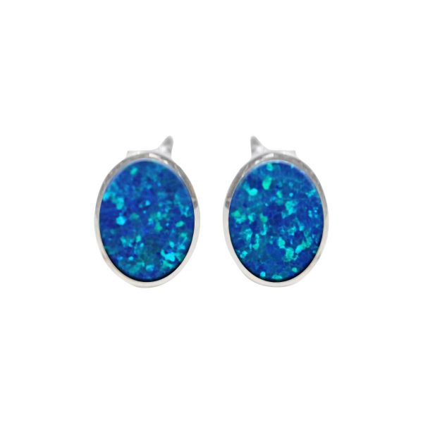 White Gold Opalite Cobalt Blue Oval Stud Earrings