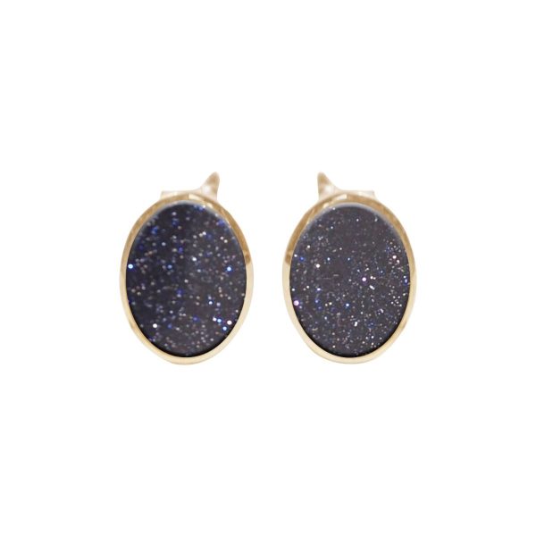 Gold Blue Goldstone Oval Stud Earrings