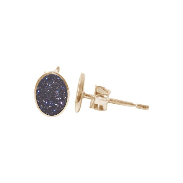 Gold Blue Goldstone Oval Stud Earrings