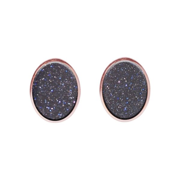 Rose Gold Blue Goldstone Oval Stud Earrings