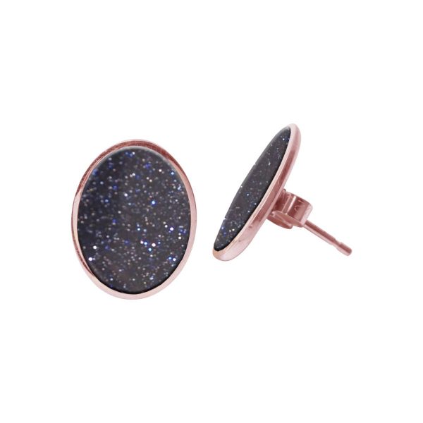 Rose Gold Blue Goldstone Oval Stud Earrings