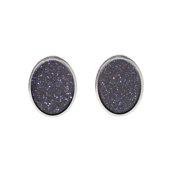 Silver Blue Goldstone Oval Stud Earrings