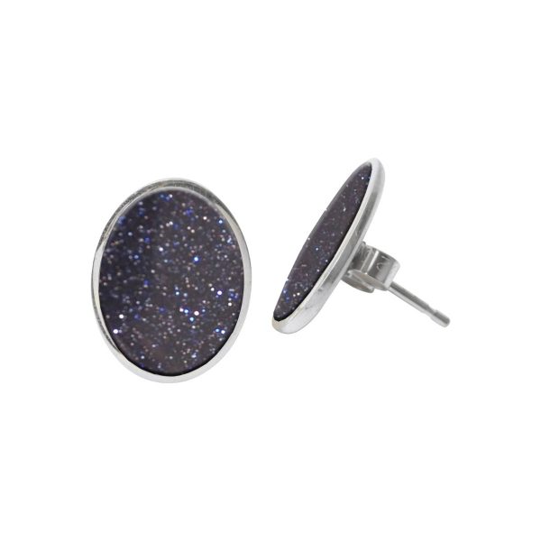 Silver Blue Goldstone Oval Stud Earrings