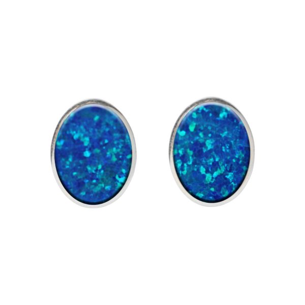 Silver Opalite Cobalt Blue Oval Stud Earrings