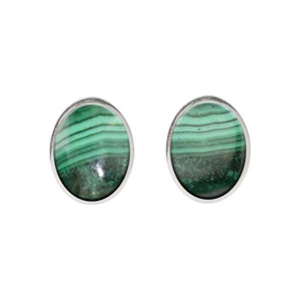 Silver Malachite Oval Stud Earrings