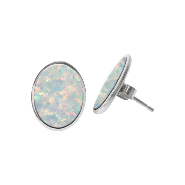 Silver Opalite Sun Ice Oval Stud Earrings