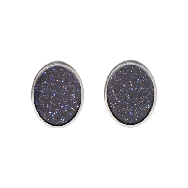 White Gold Blue Goldstone Oval Stud Earrings