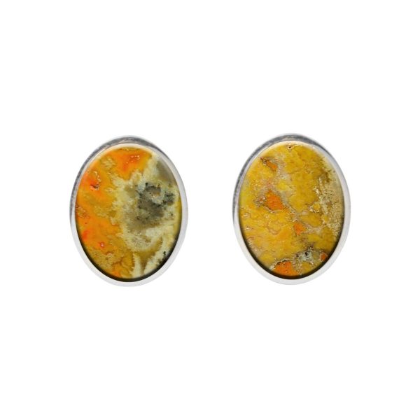 White Gold Bumblebee Jasper Oval Stud Earrings