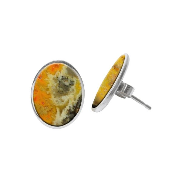White Gold Bumblebee Jasper Oval Stud Earrings