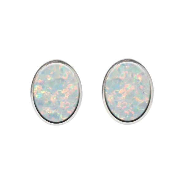 White Gold Opalite Sun Ice Oval Stud Earrings