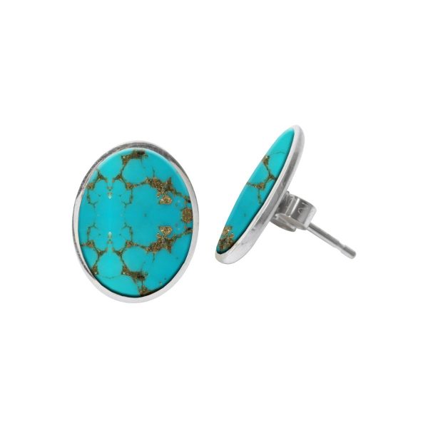 White Gold Turquoise Oval Stud Earrings