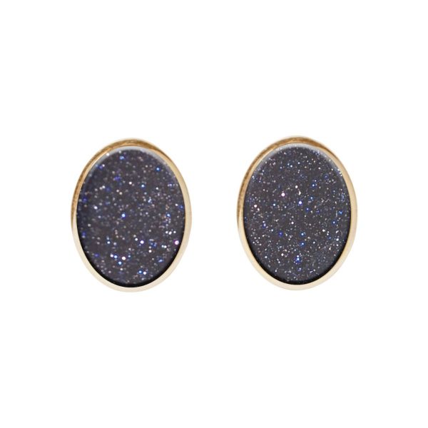 Gold Blue Goldstone Oval Stud Earrings