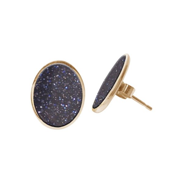 Gold Blue Goldstone Oval Stud Earrings