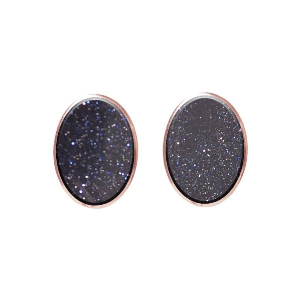 Rose Gold Blue Goldstone Oval Stud Earrings