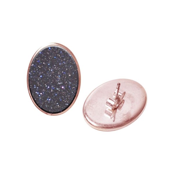 Rose Gold Blue Goldstone Oval Stud Earrings