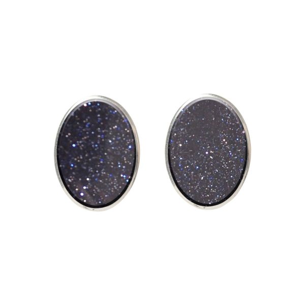 Silver Blue Goldstone Oval Stud Earrings