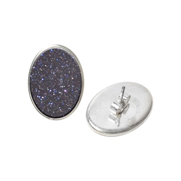 Silver Blue Goldstone Oval Stud Earrings