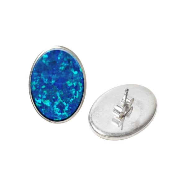 Silver Opalite Cobalt Blue Oval Stud Earrings