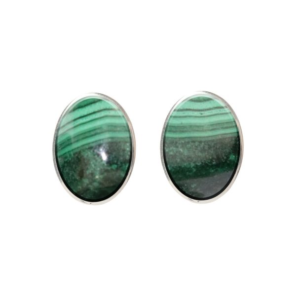 Silver Malachite Oval Stud Earrings