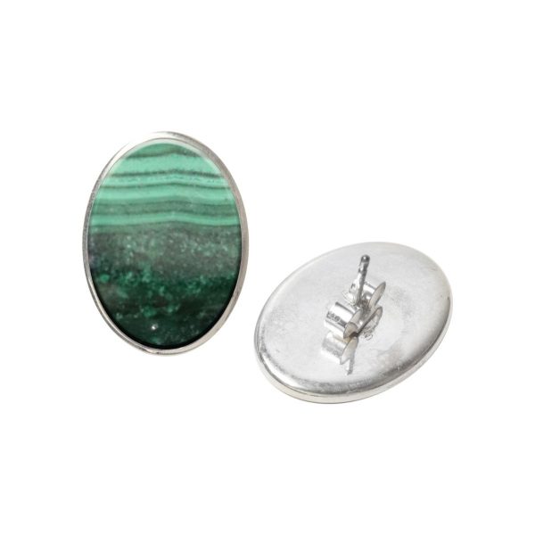 Silver Malachite Oval Stud Earrings