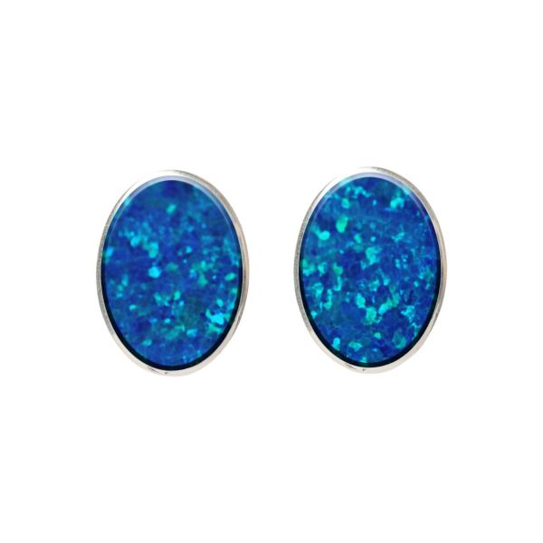 White Gold Opalite Cobalt Blue Oval Stud Earrings