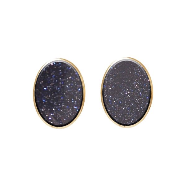 Gold Blue Goldstone Oval Stud Earrings