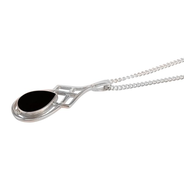 White Gold Whitby Jet Celtic Pendant