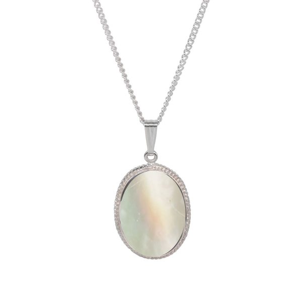 White Gold Mother of Pearl Oval Rope Edge Pendant