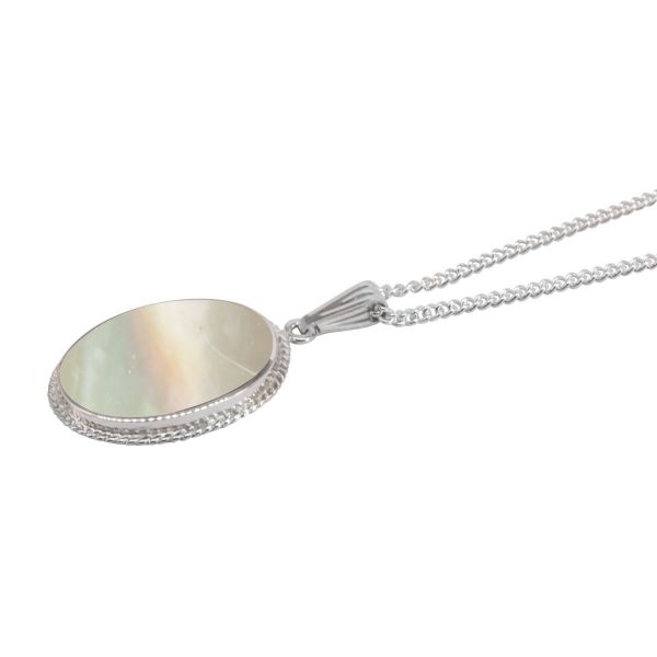 White Gold Mother of Pearl Oval Rope Edge Pendant