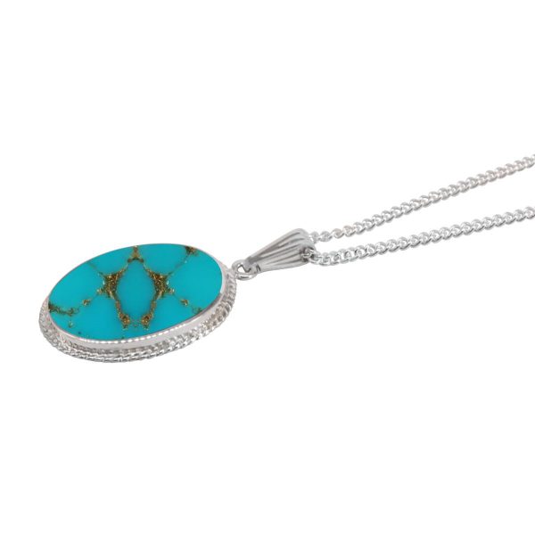 White Gold Turquoise Oval Rope Edge Pendant