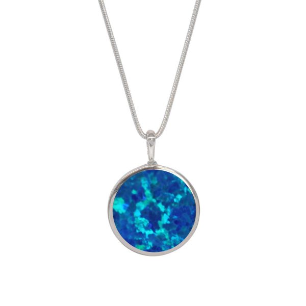 White Gold Opalite Cobalt Blue Round Double Sided Pendant