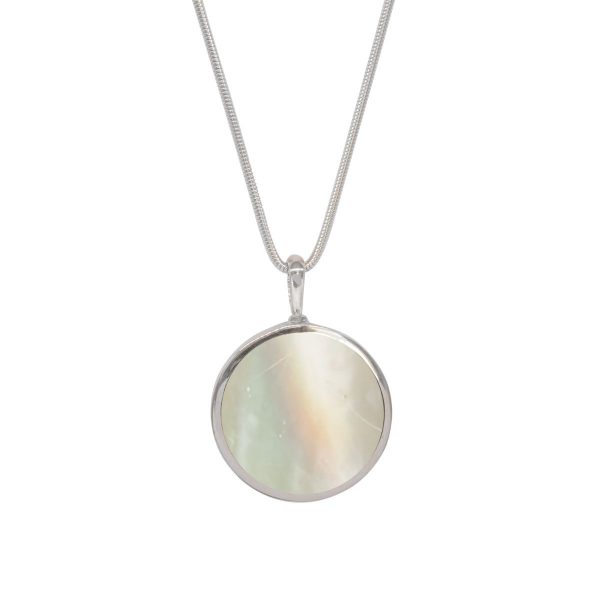 White Gold Mother of Pearl Round Double Sided Pendant