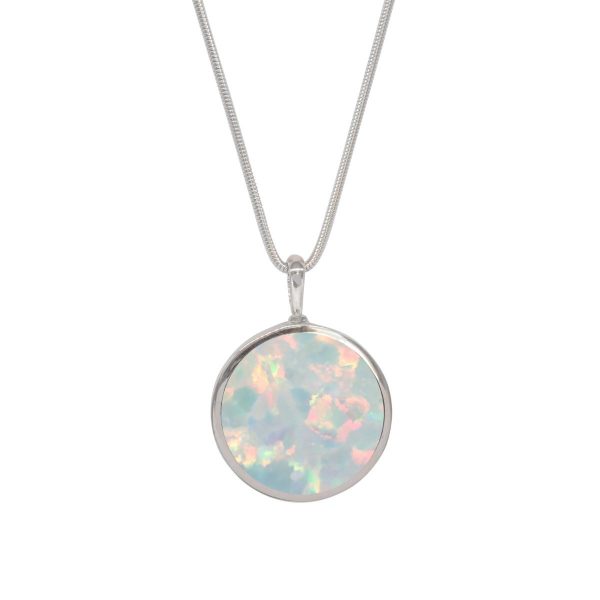 White Gold Opalite Sun Ice Round Double Sided Pendant