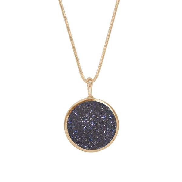 Yellow Gold Blue Goldstone Round Double Sided Pendant