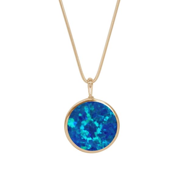 Yellow Gold Opalite Cobalt Blue Round Double Sided Pendant