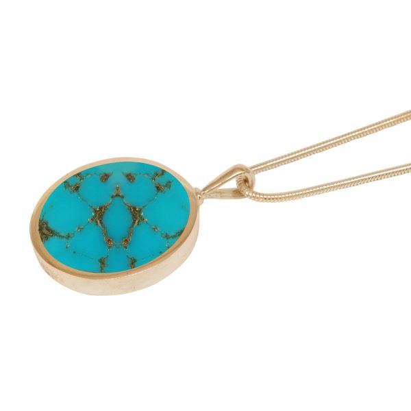 Yellow Gold Turquoise Round Double Sided Pendant