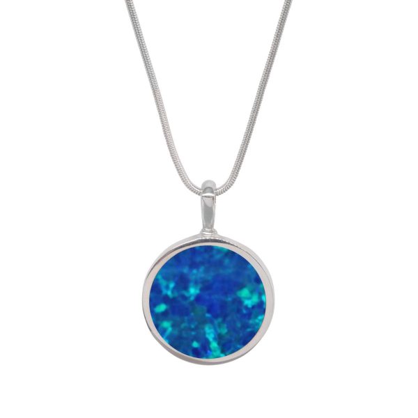 White Gold Opalite Cobalt Blue Round Double Sided Pendant