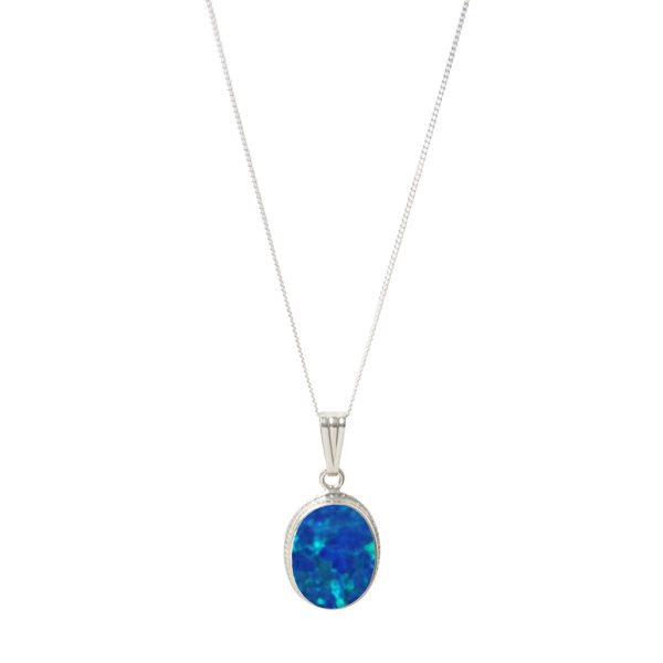 White Gold Opalite Cobalt Bluye Oval Rope Edge Pendant