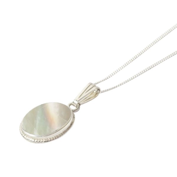 White Gold Mother of Pearl Oval Rope Edge Pendant