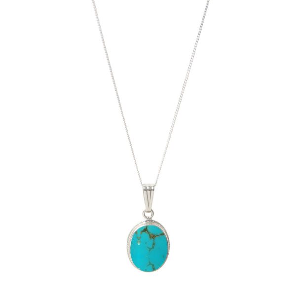 White Gold Turquoise Oval Rope Edge Pendant