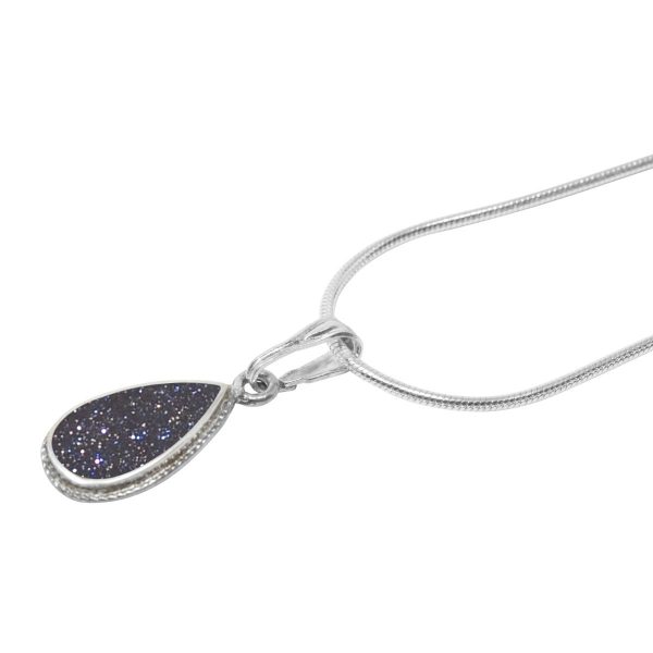 White Gold Blue Goldstone Teardrop Shaped Bead Edge Pendant