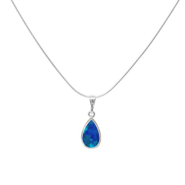 White Gold Opalite Cobalt Blue Teardrop Shaped Bead Edge Pendant