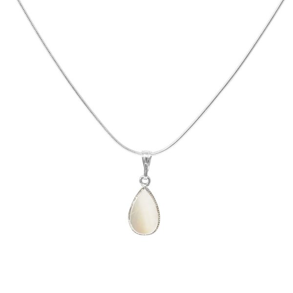 White Gold Mother of Pearl Teardrop Shaped Bead Edge Pendant